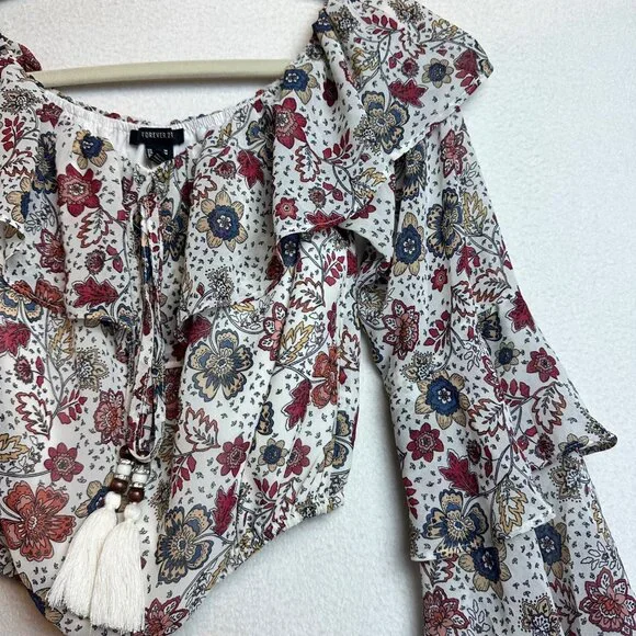 F21 Boho Crop Ruffle Blouse Off Shoulder Top Size Medium Floral Cottage Western - Picture 4 of 11